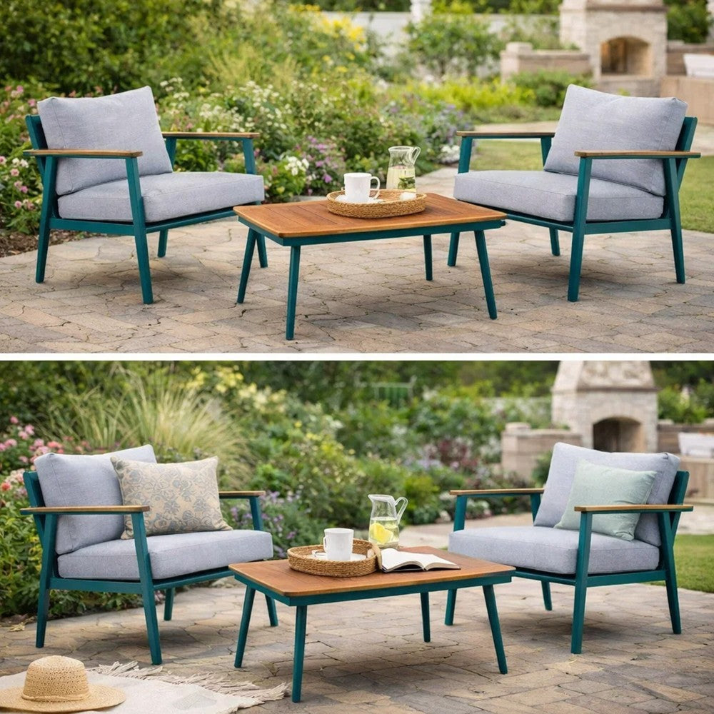 3 Piece Outdoor Coffee Table and Chairs Set, Wood Planks, Gray, Green - BM312298