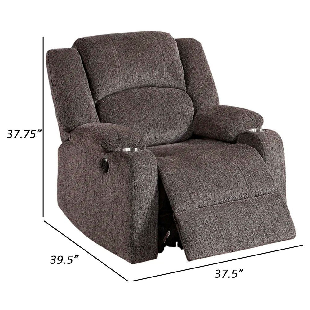 Finlo 40 Inch Power Recliner Chair, USB Port, Plush Brown Chenille Fabric - BM312302