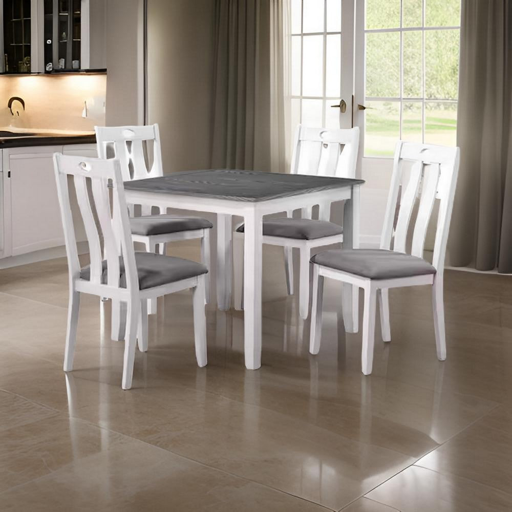 Helio 5 Piece Dining Table and Chairs Set, White Wood, Gray Fabric Seats - BM312308