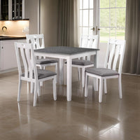 Helio 5 Piece Dining Table and Chairs Set, White Wood, Gray Fabric Seats - BM312308