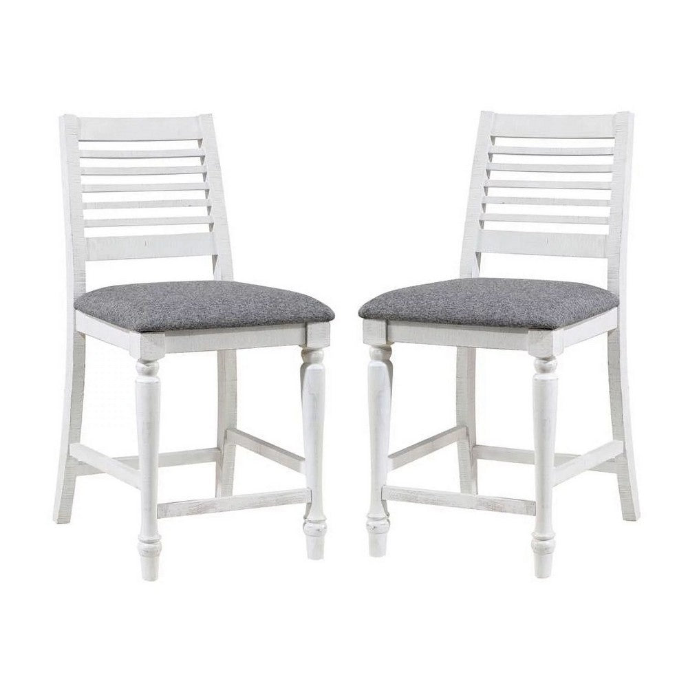 Wren 23 Inch Counter Height Chair Set of 2, Antique White Wood, Gray Seat - BM312309