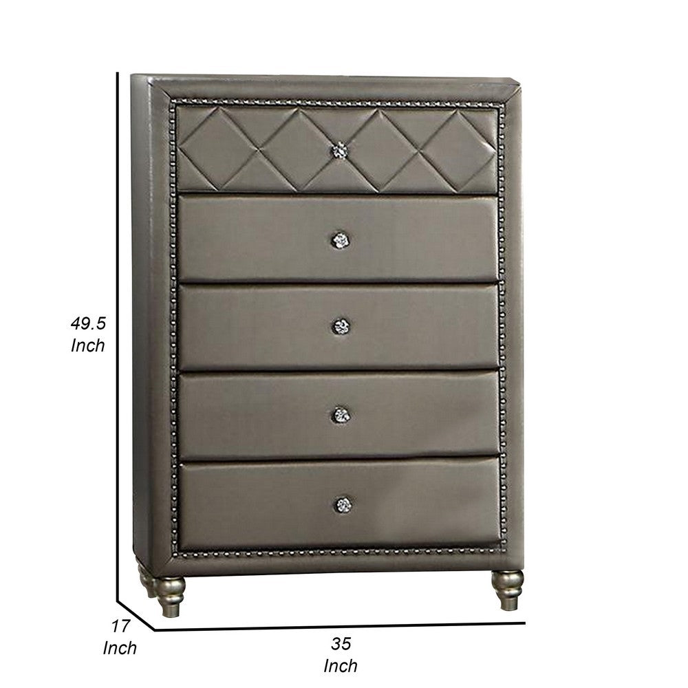 Seth 50 Inch Tall Dresser Chest, 5 Drawers, Solid Wood, Gray Faux Leather - BM312316