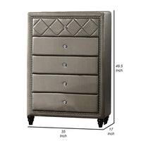 Seth 50 Inch Tall Dresser Chest, 5 Drawers, Solid Wood, Gray Faux Leather - BM312317