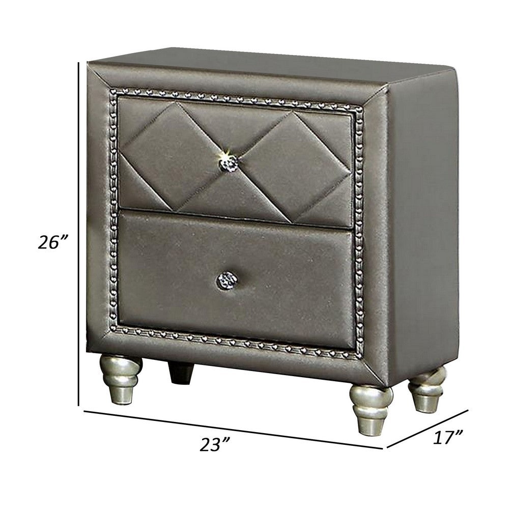 Seth 26 Inch Nightstand, 2 Drawers, Solid Wood, Tufted Gray Faux Leather - BM312320