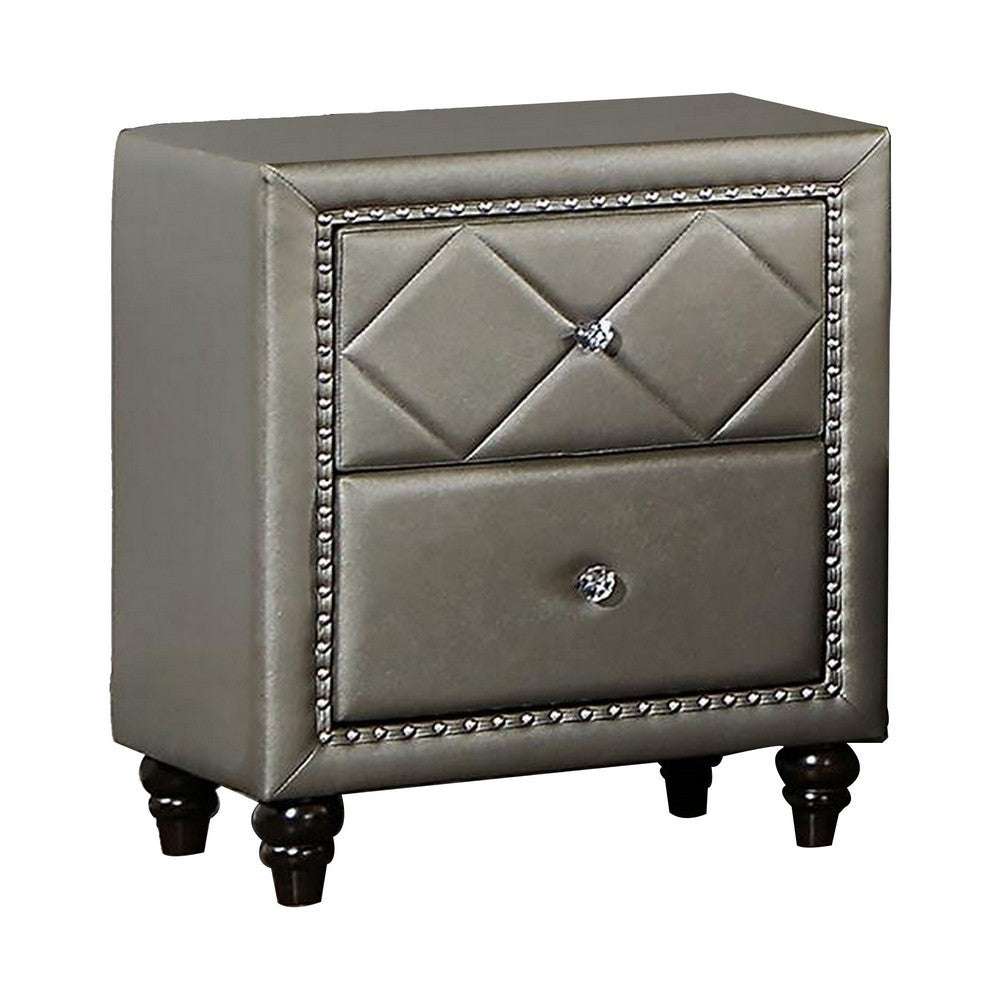 Seth 26 Inch Nightstand, 2 Drawers, Solid Wood, Tufted Gray Faux Leather - BM312321