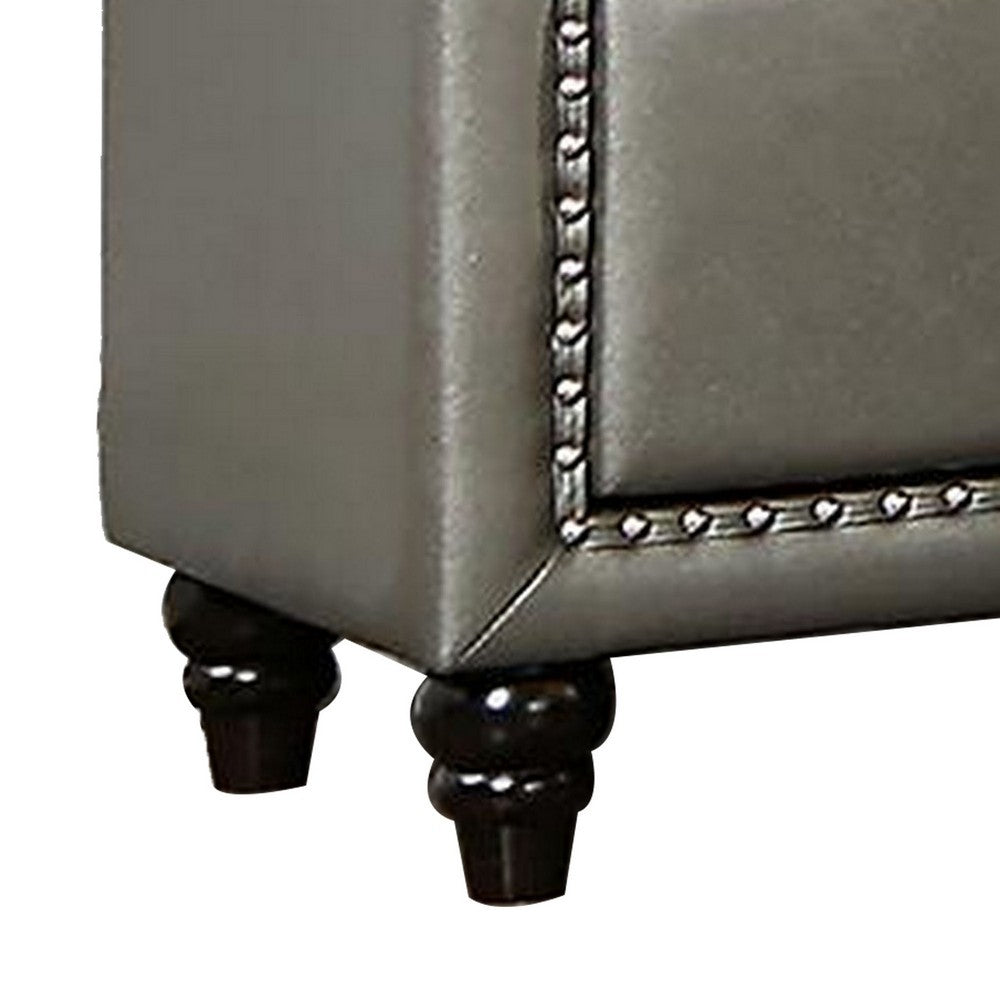 Seth 26 Inch Nightstand, 2 Drawers, Solid Wood, Tufted Gray Faux Leather - BM312321