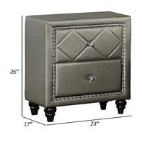 Seth 26 Inch Nightstand, 2 Drawers, Solid Wood, Tufted Gray Faux Leather - BM312321