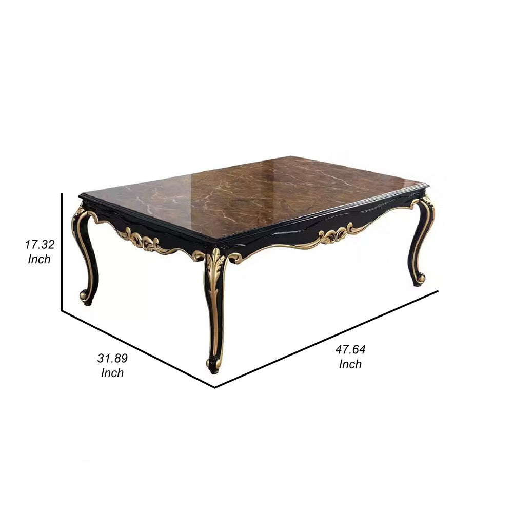 Trix 48 Inch Coffee Table, Faux Stone, Carved Scrollwork, Black and Gold - BM312322