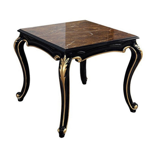 Trix 22 Inch Side End Table, Faux Stone, Carved Scrollwork, Black and Gold - BM312323