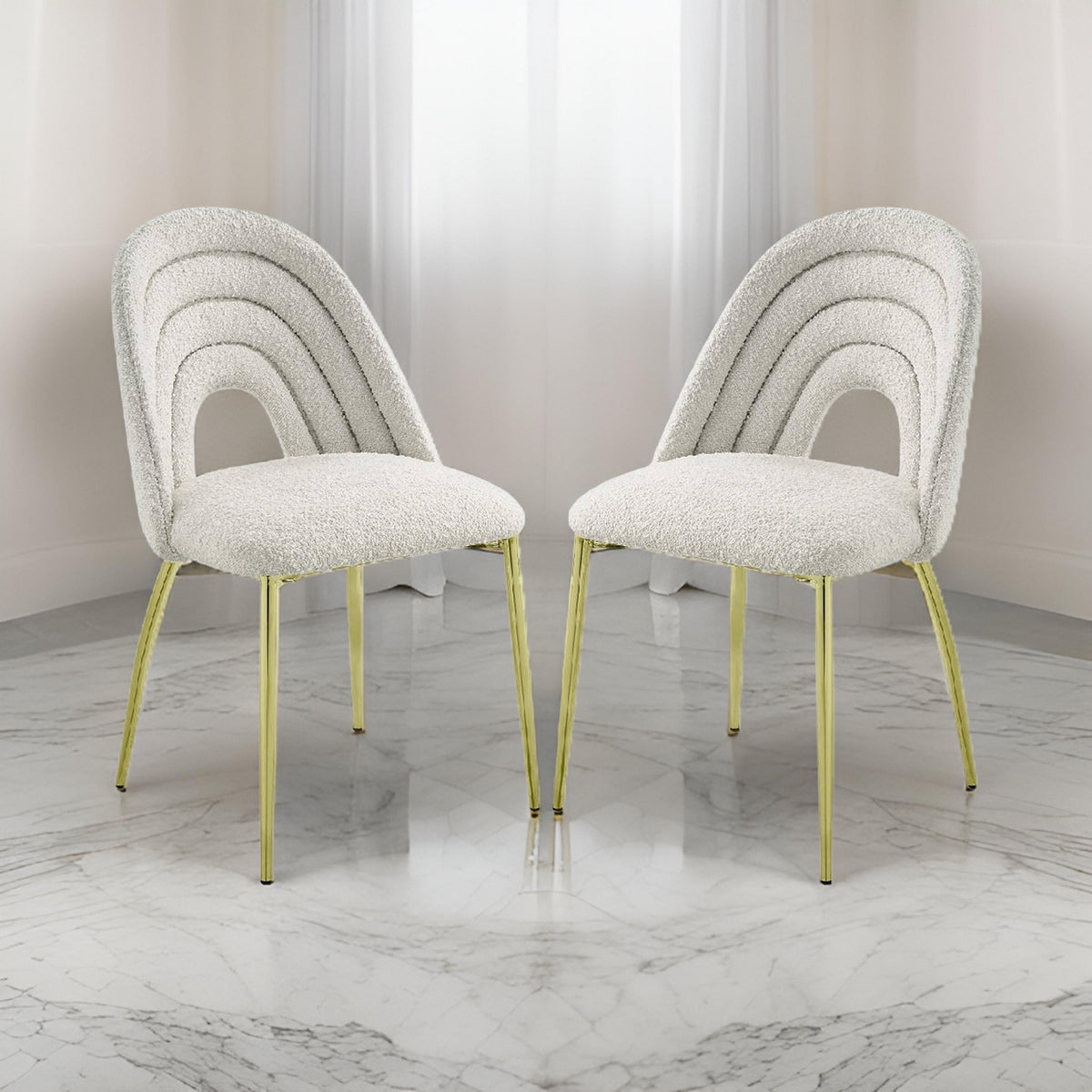 Inch 25 Inch Side Dining Chair Set of 2, White Teddy Sherpa, Gold Legs - BM312344