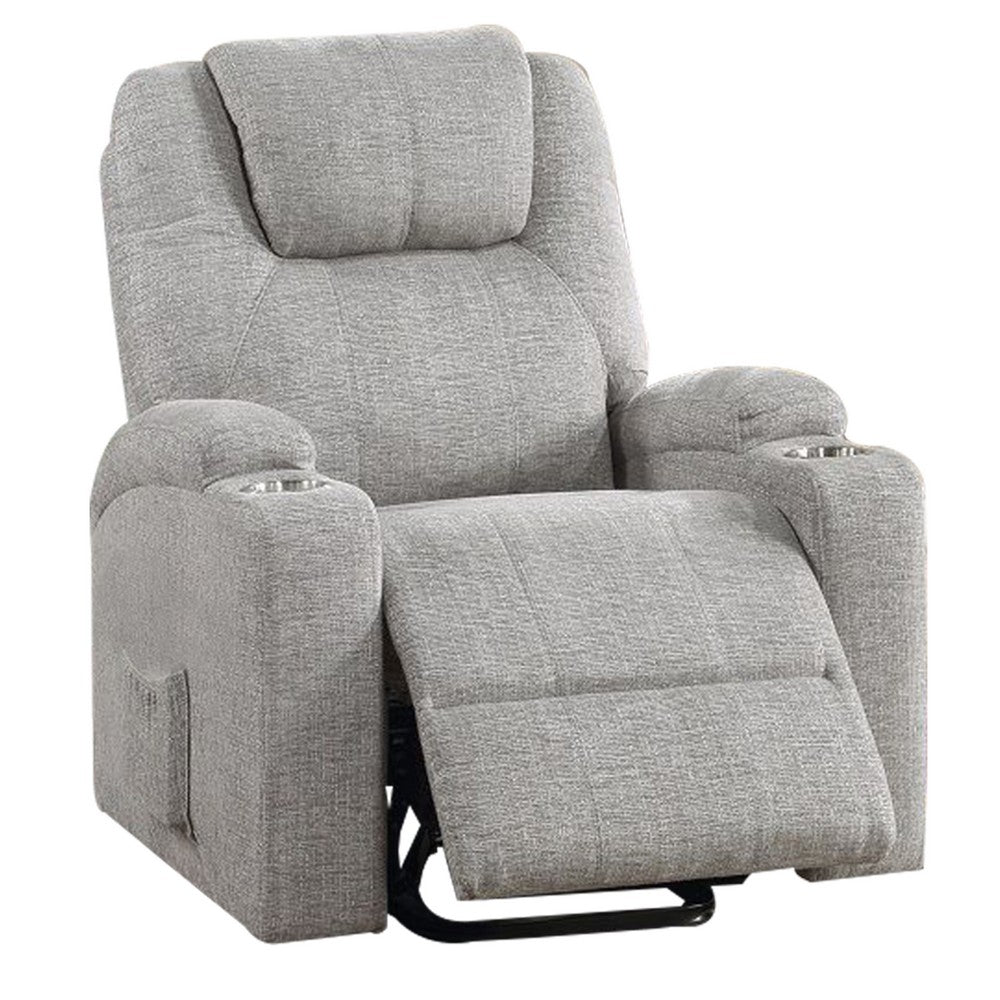 Evans 37 Inch Recliner Chair, Power Lift, Cupholders, Chenille, Light Gray - BM312351