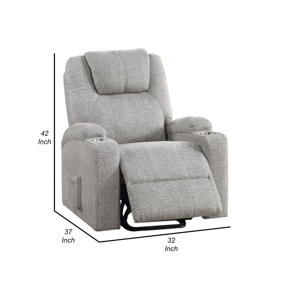 Evans 37 Inch Recliner Chair, Power Lift, Cupholders, Chenille, Light Gray - BM312351