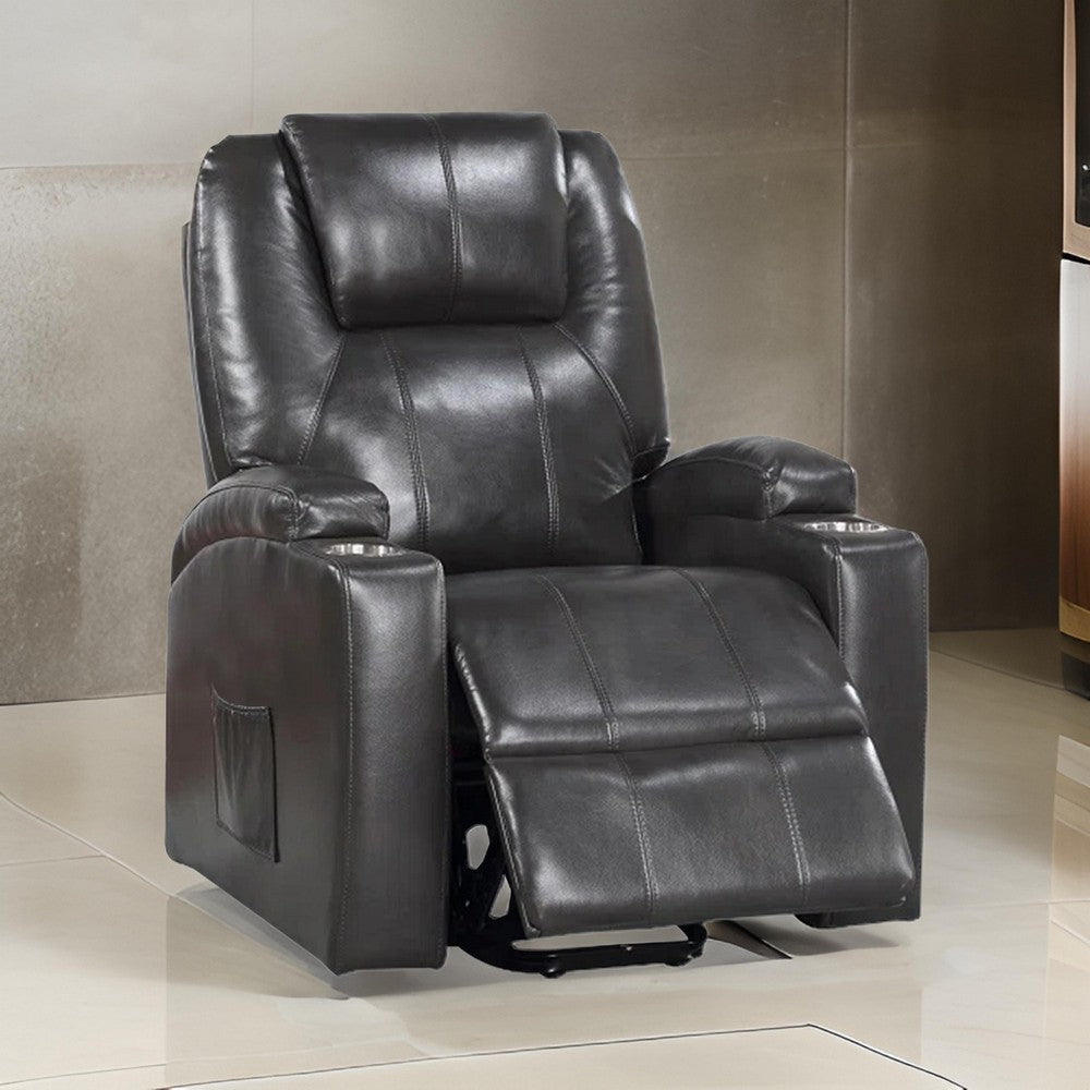 Evans 37 Inch Recliner Chair, Power Lift, Cupholders, Gray Faux Leather - BM312353