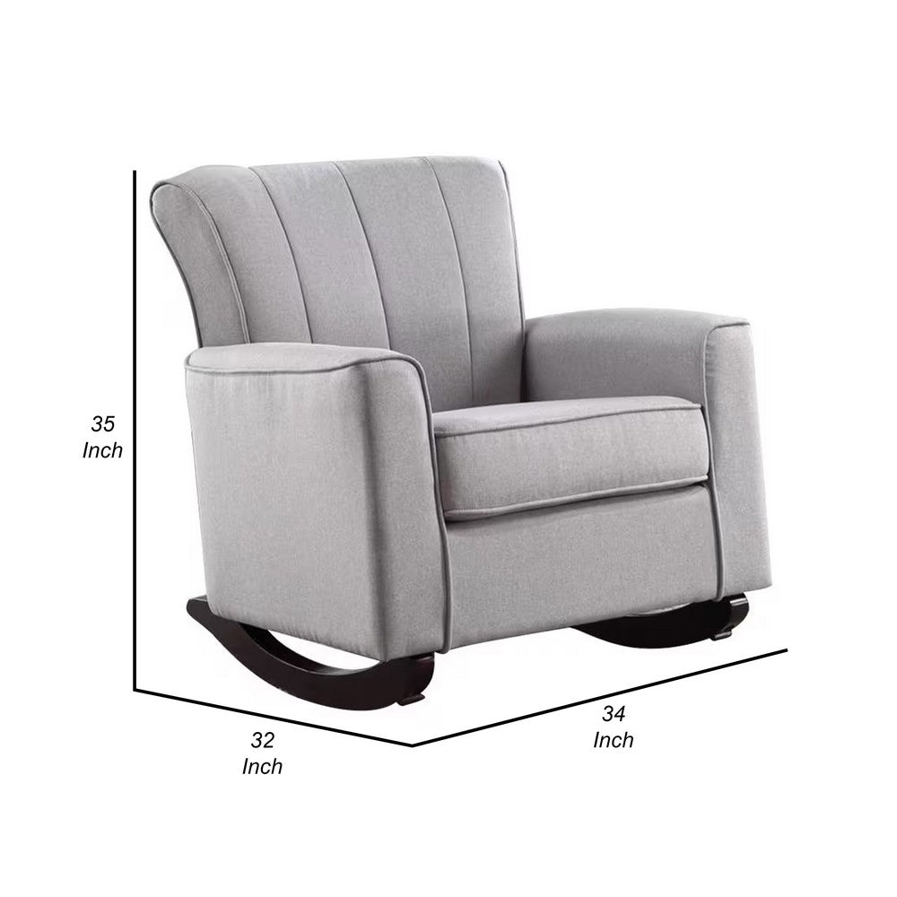 34 Inch Rocking Chair, Wood Frame, Vertical Channel Tufted Gray Linen - BM312356