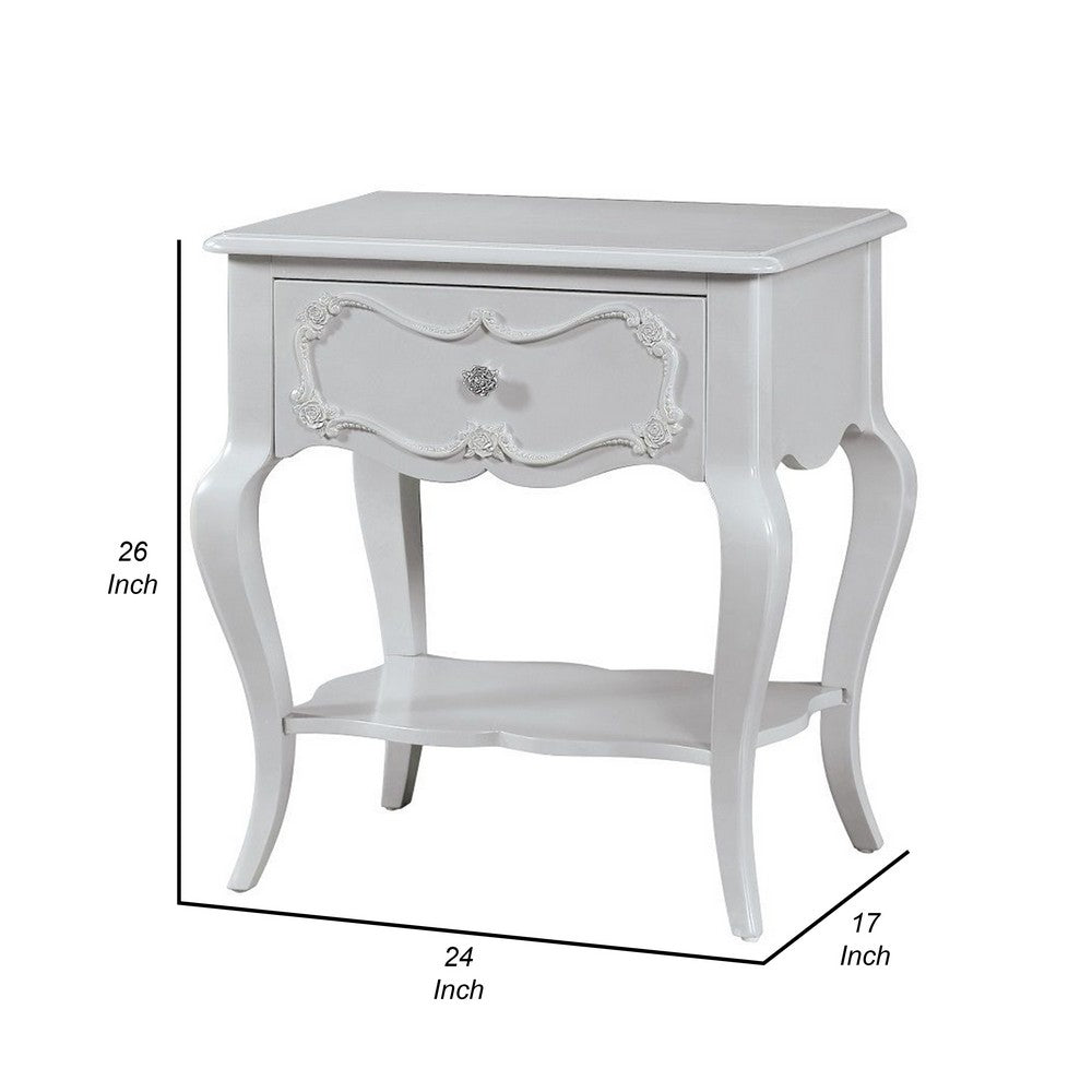 26 Inch Nightstand Table with 1 Drawer, Rose Inlay, Queen Anne Legs, Gray - BM312359