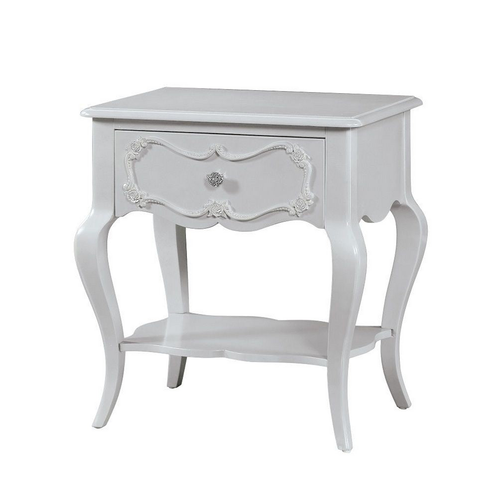 26 Inch Nightstand Table with 1 Drawer, Rose Inlay, Queen Anne Legs, Gray - BM312359