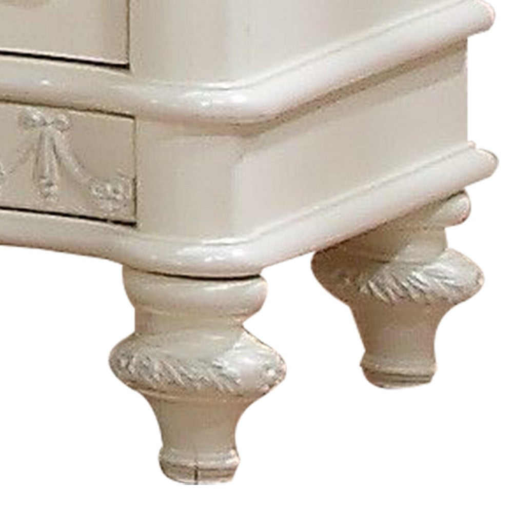 Dorie 26 Inch Nightstand with 2 Drawers, Oval Molded Trim, Ivory White Wood - BM312365