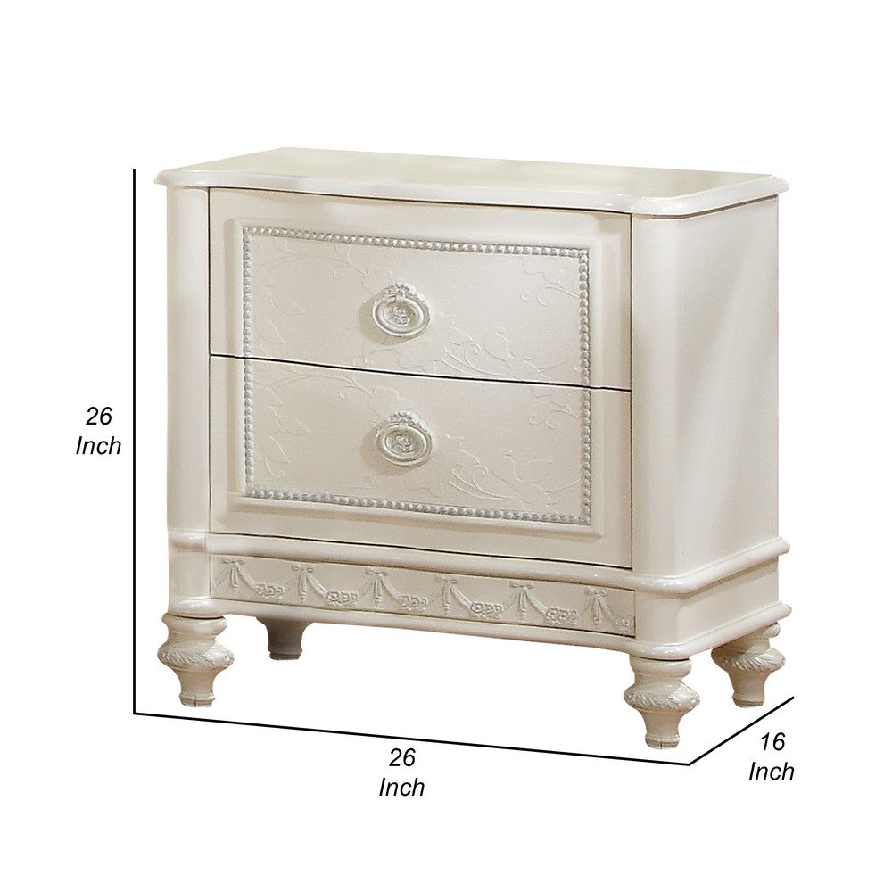 Dorie 26 Inch Nightstand with 2 Drawers, Oval Molded Trim, Ivory White Wood - BM312365