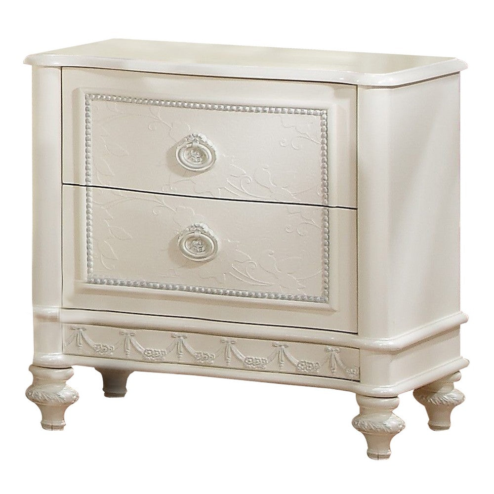 Dorie 26 Inch Nightstand with 2 Drawers, Oval Molded Trim, Ivory White Wood - BM312365