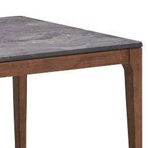 Evis 63 Inch Dining Table, Marble Grain Faux Stone Top, Walnut Brown Wood - BM312373