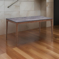 Evis 63 Inch Dining Table, Marble Grain Faux Stone Top, Walnut Brown Wood - BM312373