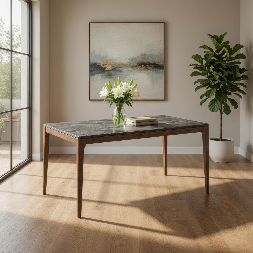 Evis 63 Inch Dining Table, Marble Grain Faux Stone Top, Walnut Brown Wood - BM312373