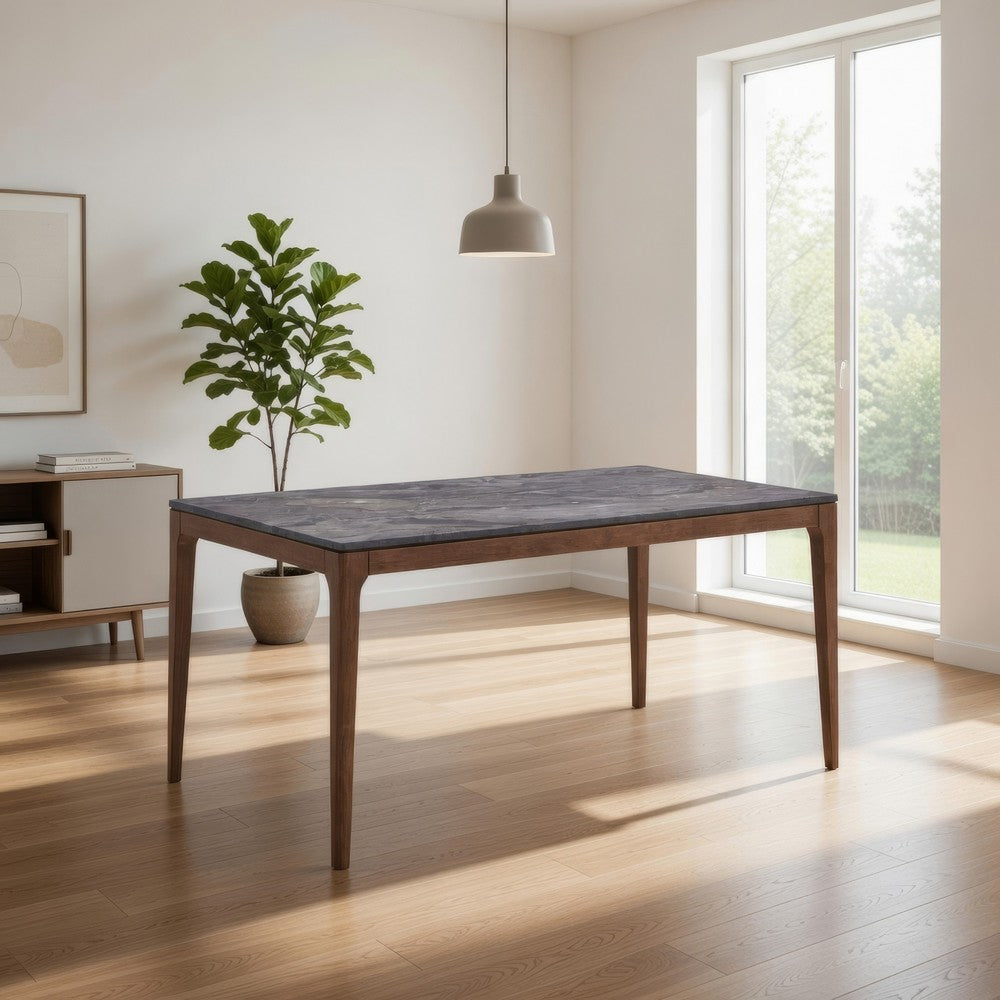 Evis 63 Inch Dining Table, Marble Grain Faux Stone Top, Walnut Brown Wood - BM312373