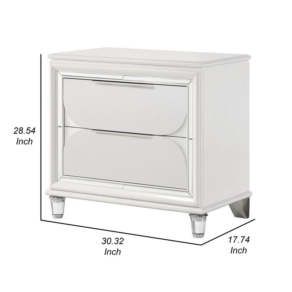 Rara 30 Inch Nightstand, 2 Drawers, Mirror Trim, Acrylic Legs, White - BM312377