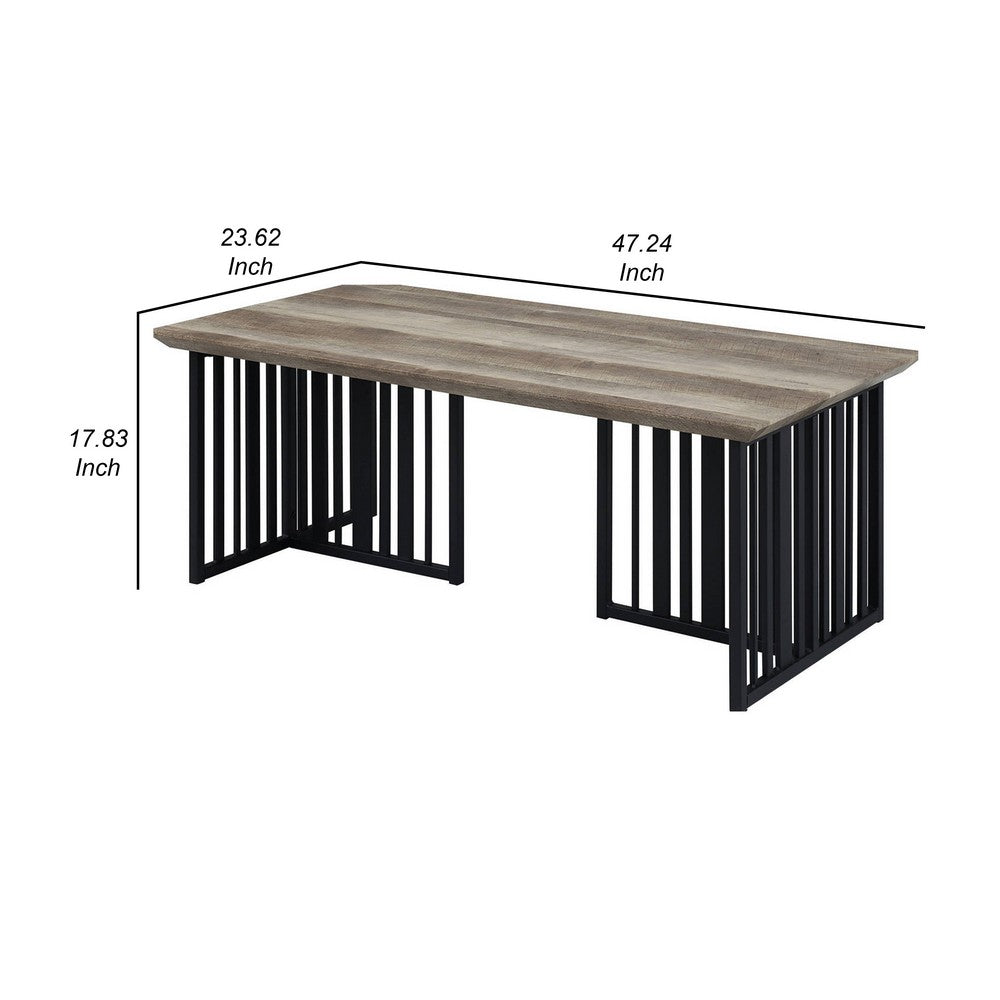 Nori 47 Inch Coffee Table, Distressed Brown Top, Black Metal Slatted Base - BM312391