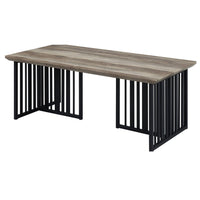 Nori 47 Inch Coffee Table, Distressed Brown Top, Black Metal Slatted Base - BM312391