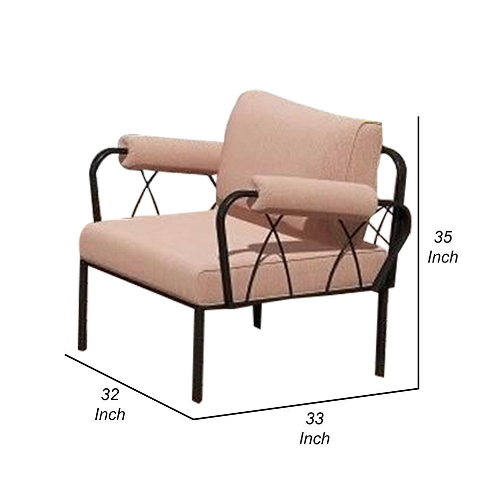 Rain 33 Inch Patio Armchair, Sectional Design, Black Metal, Pink Fabric - BM312395