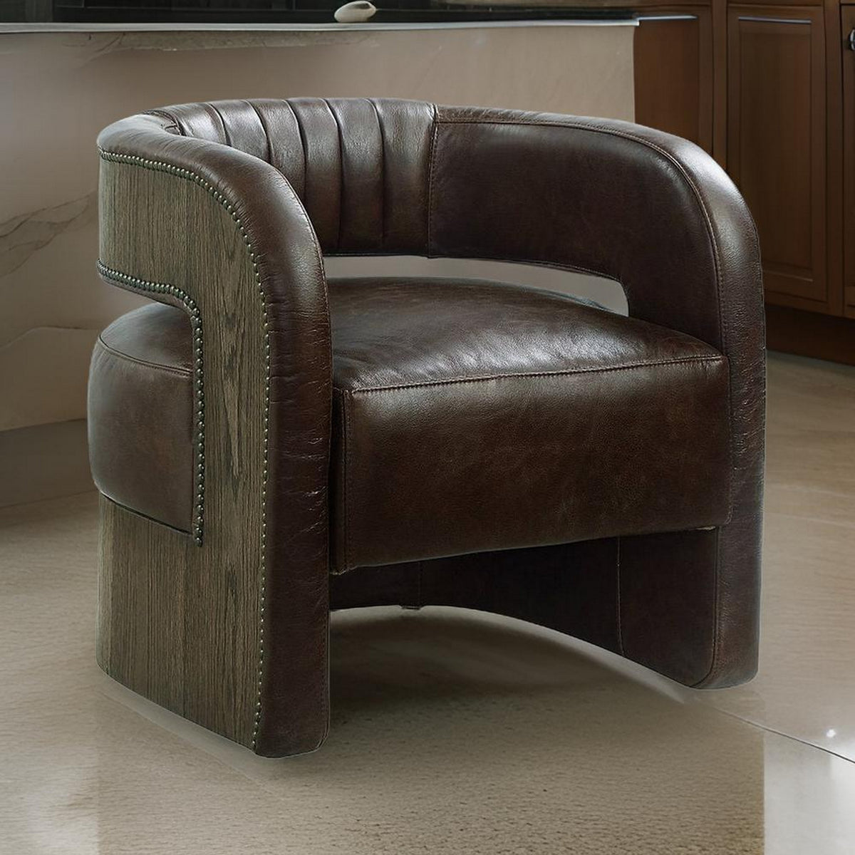 27 Inch Accent Chair, Plush Espresso Brown Top Grain Leather Upholstery - BM312404