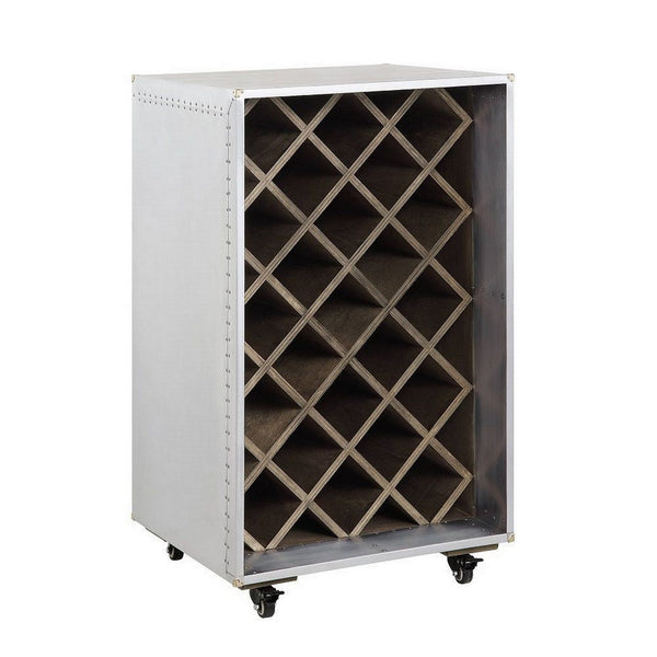 35 Inch Wine Cabinet, Nailhead Trim, Caster Wheels, Silver Aluminium Finish - BM312406