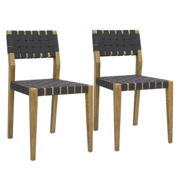 22 Inch Dining Side Chair Set of 2, Woven Black Polyester, Brown Oak Wood - BM312423