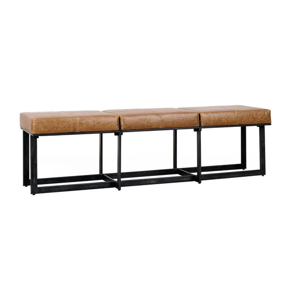 Windy 62 Inch Narrow Accent Bench, Brown Top Grain Leather, Black Iron - BM312445