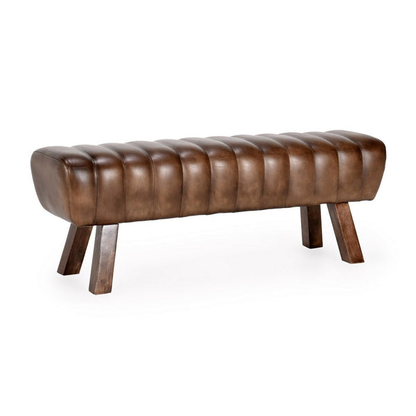 52 Inch Accent Bench, Buffalo Leather Seat, Tufted Design, Brown Mango Wood - BM312455