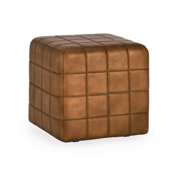 18 Inch Ottoman, Buffalo Leather Upholstery, Cube Mango Wood Frame, Brown - BM312460