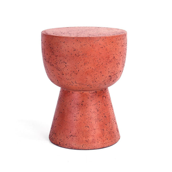 19 Inch Concrete Outdoor Accent Table, Round Top, Tapered Plinth Base, Red - BM312468