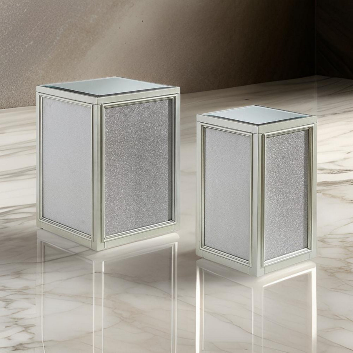 Brad Set of 2 Nesting Side End Tables, Mirrored Glass, Silver Wood Finish - BM312472