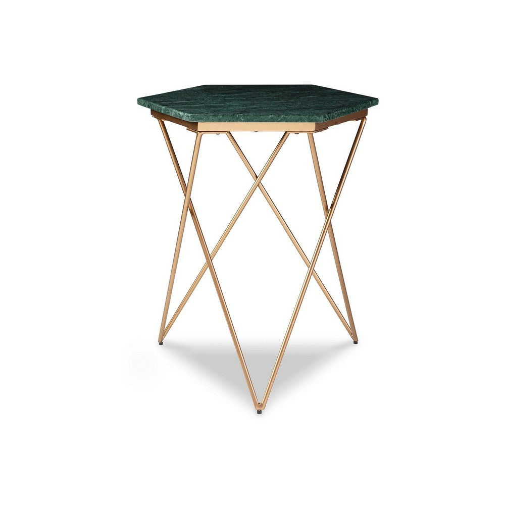 24 Inch Accent End Table, Green Hexagon Marble Top, Gold Metal Base - BM312481