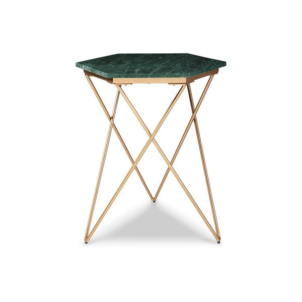 24 Inch Accent End Table, Green Hexagon Marble Top, Gold Metal Base - BM312481