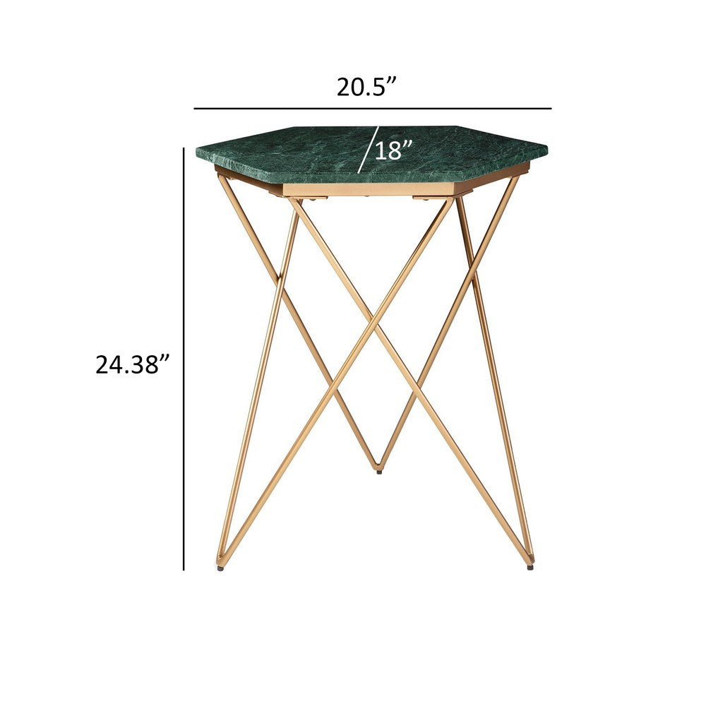 24 Inch Accent End Table, Green Hexagon Marble Top, Gold Metal Base - BM312481