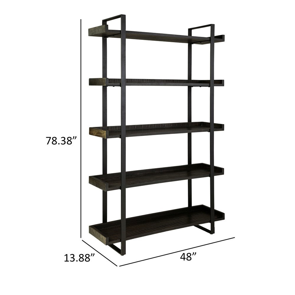 Franz 78 Inch Bookcase, 5 Display Shelves, Black Metal Bracket, Brown Wood - BM312482