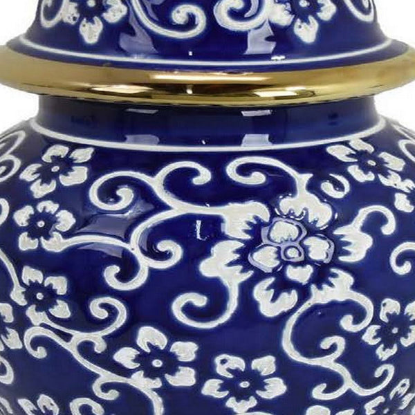 18 Inch Temple Jar, Blue Floral Print with Removable Lid, White, Gold - BM312484