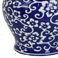 18 Inch Temple Jar, Blue Floral Print with Removable Lid, White, Gold - BM312484