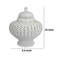 15 Inch Temple Jar, Pierced Carved Lattice Design, Removable Lid, White - BM312489