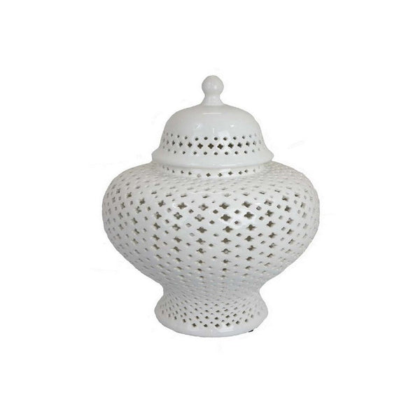 15 Inch Temple Jar, Pierced Carved Lattice Design, Removable Lid, White - BM312489