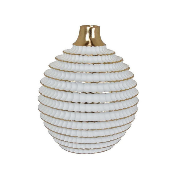 15 Inch Textured Vase, Gold Accent Top, Layered Design, White Finish - BM312490