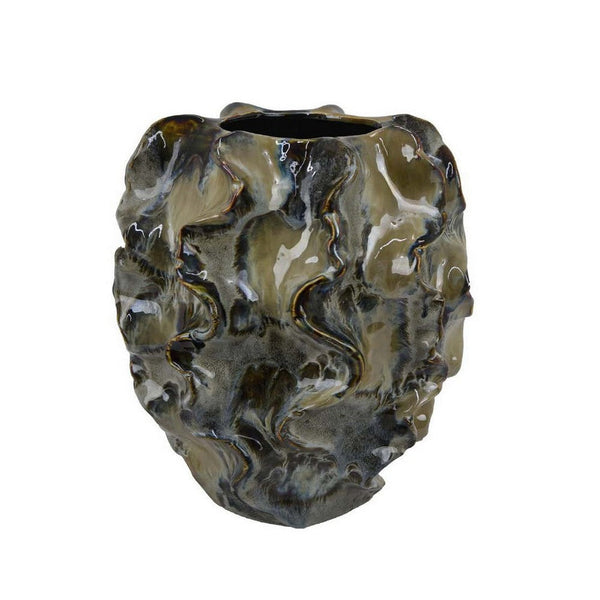 15 Inch Vase, Embossed Wave Design, Curved Ceramic, Multicolor Finish - BM312491