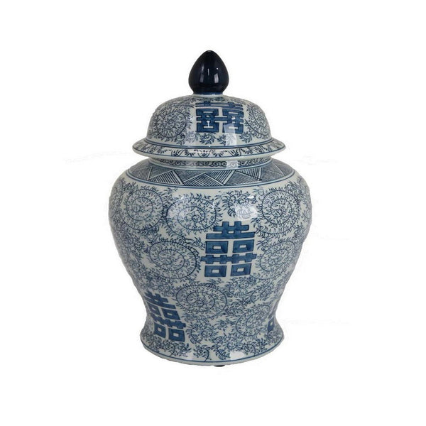 18 Inch Accent Temple Jar with Removable Lid, Blue and White Floral Print - BM312493